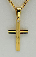 Gouden kruisje ketting hanger modern bewerkte voorkant en gladde achterkant.