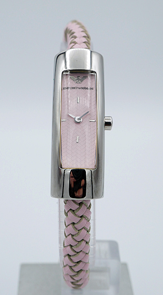 EMPORIO ARMANI dames horloge  luxe langwerpig model   met gevlochten roze leren band.