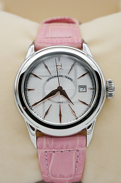 OFFICINA DEL TEMPO  horloge luxe  stalen mid-size model met  roze leren band