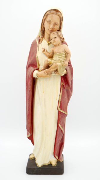 Heiligenbeeld Maria met Kindje Jezus op de arm gips  Gebr.v. Paridon Amsterdam 238 rood