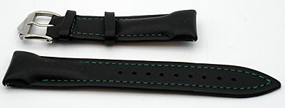 Horlogeband CHRONOTECH zwart leer/ groen stiksel 22 mm.