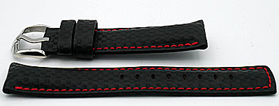 Horlogeband leer zwart met rode stiksels, extra lang  22 mm. Hirsch Carbon