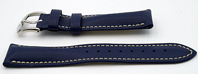 Horlogeband leer donker blauw met witte stiksels 22 mm. extra lang  Hirsch Heavy Calf